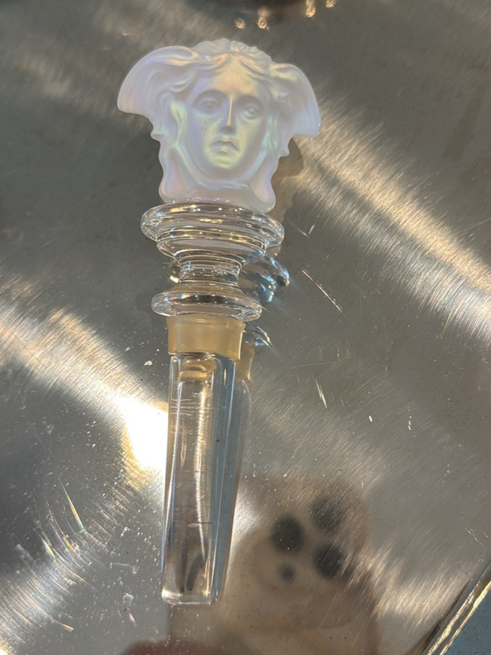 Iridescent White Glass Bottle Stopper with Versace Medusa Sculpted Face